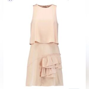 TIBI 100% Silk Mini Shift Dress Ruffle Accent Tan Beige Old Money Gatsby Themed